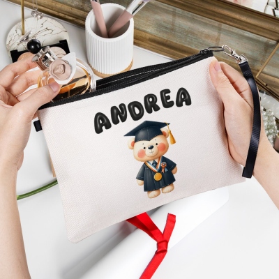 Personalized Name Cartoon Graduation Bear Cosmetic Bag, Linen Makeup Pouch with Wrist Strap, Graduation Party Favor, Gift for Graduates/Students