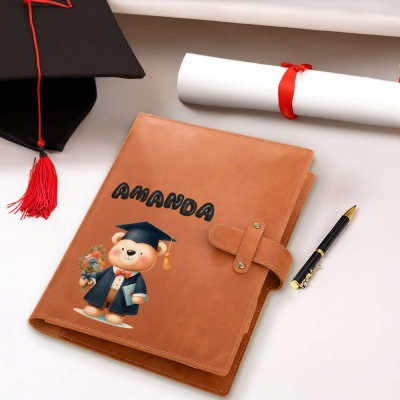 Custom Name Cartoon Graduation Bear Leather Notebook Case Set, A5 Protective Cover & Spiral Notebook, Graduation Gift for Students/Family/Friends