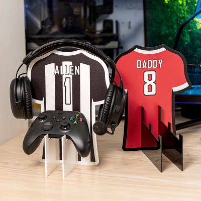 Personalized Jersey-Shaped Headphone & Controller Stand, Custom Acrylic Headset Holder, Gaming Accessories, Gift for Gamers/Sport Lover/Dad/Boyfriend