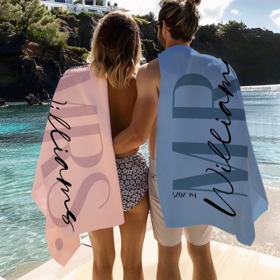 Custom Name Mr & Mrs Matching Beach Towels Set of 2, Quick Dry Microfiber Bath Towels, Honeymoon Travel Essential, Anniversary/Wedding Gift for Couple