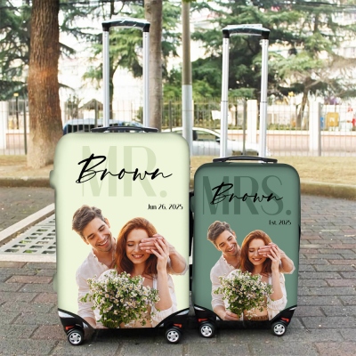 (Set of 2pcs)Personalized Mr & Mrs Photo Suitcase Cover with Name, Couple Matching Suitcase Protector, Travel Accessory, Gift for Newlyweds/Couples