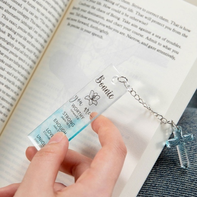 Custom Name Bible Bookmark with Cross Pendant, Personalized Gradient Blue Christian Cross Keychain, Baptism/Easter/Christmas Gift for Women/Girls