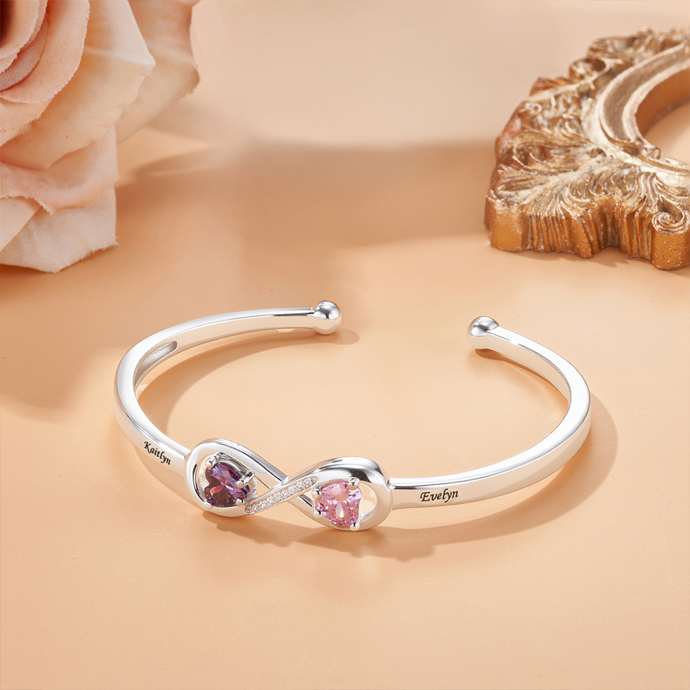 Personalized Infinity Bangle with Names & Heart Birthstones, Open Cuff Adjustable Bangle, Anniversary/Valentine's Day Gift for Her/Couple/Bestie