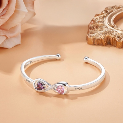 Personalized Infinity Bangle with Names & Heart Birthstones, Open Cuff Adjustable Bangle, Anniversary/Valentine's Day Gift for Her/Couple/Bestie