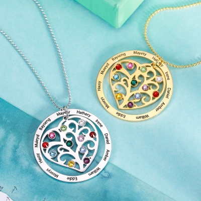 Personalized Family Tree Birthstone Silver Necklace, Gift for Mom
