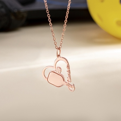 Custom Name Pickleball/Table Tennis/Badminton Racket Necklace, Sterling Silver 925 Sports Necklace with Heart Charm, Gift for Sports Lovers/Coaches