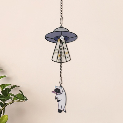 Personalized Name Cat Captured by UFO Suncatcher with Pressed Flower, Removable Cat Memorial Ornament, Home Decoration, Gift for Cat Lovers/Owners