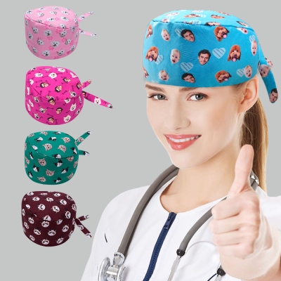 Custom Face Photos Adjustable Tieback Scrub Hat, Waterproof Surgical Cap with Bone Paw Heart Pattern, Gift for Nurse/Doctor/Veterinarian/Medical Staff
