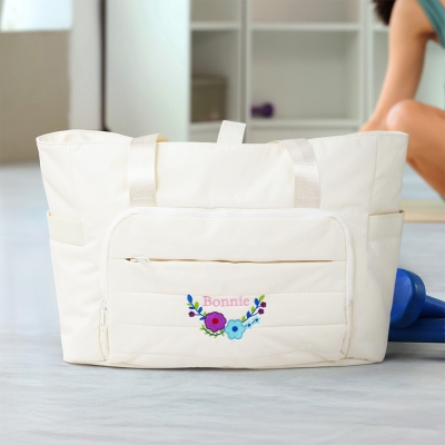 Custom Name Floral Embroidered Quilted Duffle Bag, Large Capacity Cotton Weekender Bag, Getaway Luggage Bag, Travel Accessory, Gift for Women/Girls