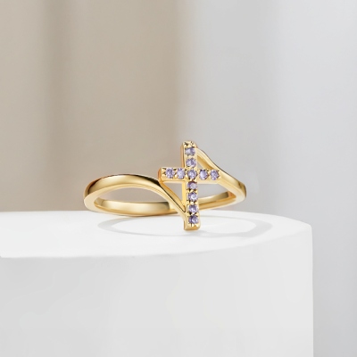 Personalized Cross Ring with Pave Birthstones, Sterling Silver 925 Christian Faith Jewelry, Birthday/Mother’s Day/Religious Gift for Her/Mom/Grandma