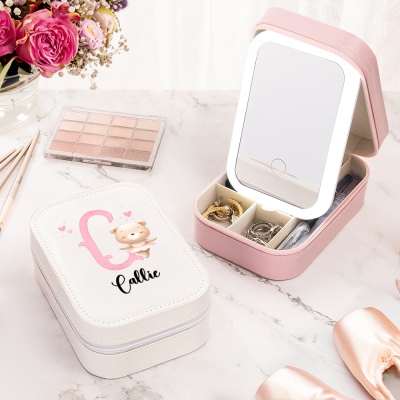 Personalized Name & Initial Cartoon Animal Ballerina Makeup Box with Three-Color LED Light Mirror, Travel Makeup Jewelry Box, Gift for Ballet Lovers