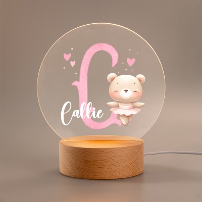 Custom Initial & Name Cartoon Animal Ballerina LED Night Light, Acrylic Night Lamp with Wooden Base, Home Decor, Birthday Gift for Girls/Ballet Lovers