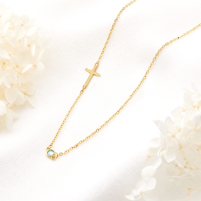 Personalized Sideways Cross Necklace with Birthstone, Sterling Silver 925 Dainty Christian Jewelry, Birthday/Christening Gift for Her/Mom/Women