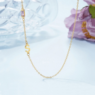 Personalized Sideways Initial Necklace with Baguette Birthstone, Sterling Silver 925 Minimalist Jewelry, Birthday/Mother's Day Gift for Her/Mom/Women