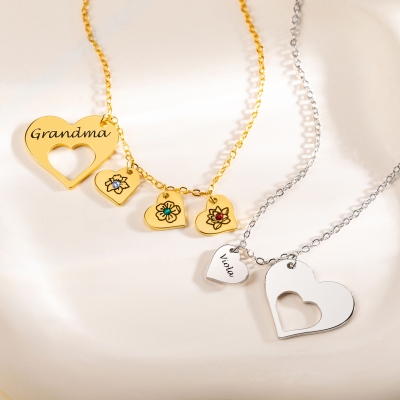 Custom Engraved Birth Flower Hollow Heart Necklace with Birthstones, Multi-heart Family Necklace, Birthday/Mother's Day Gift for Wife/Mother/Grandma