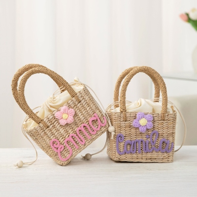 Personalized Name Floral Crossbody Straw Bag with Handle, Girls Mini Purse with Drawstring Pouch, Flower Girl Gift Bag, Birthday Gift for Girls