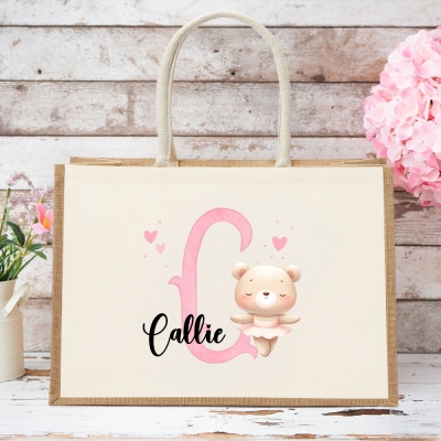 Personalized Initial & Name Cartoon Animal Ballerina Tote Bag, Large Capacity Canvas Jute Bag, Birthday Gift for Girls/Ballet Lovers