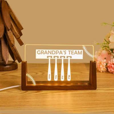 Custom Baseball Bats Grandpa’s Team LED Night Light with Grandkids Names, Acrylic Night Lamp with Wooden Base, Birthday/Father’s Day Gift for Grandpa