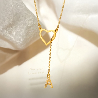 Personalized Initial Heart Lariat Necklace, Y Necklace with Letter Charm, Sterling Silver 925 Jewelry, Birthday/Anniversary Gift for Her/Mom/Bestie