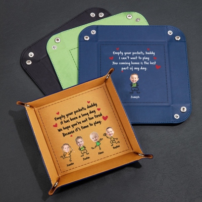 Personalized Photos Children's Faces Leather Catchall Snap Valet Tray, Foldable Accessories Holder, Birthday/Father's Day Gift for Dad/Husband