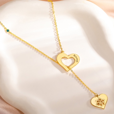 Personalized Name Hollow Heart Lariat Necklace with Birthstone & Birth Flower, Y Necklace with Heart Charm, Birthday/Mother's Day Gift for Her/Mom
