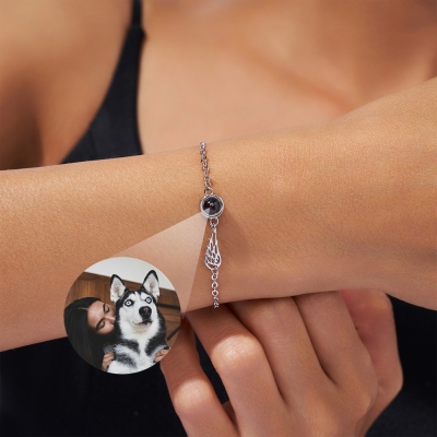 Custom Photo Projection Angel Wing Bracelet, I Love You in 100 Languages Picture Inside Memorial Bracelet, Birthday/Anniversary Gift for Her/Mom
