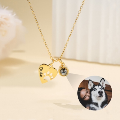 Custom Name Heart Paw Photo Projection Necklace, I Love You in 100 Languages Pet Picture Inside Jewelry, Pet Memorial Necklace, Gift for Dog/Cat Mom