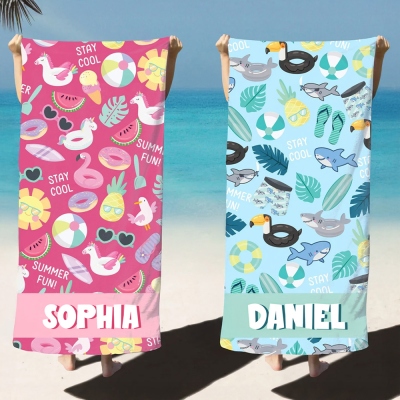 Personalized Name Cartoon Summer Theme Beach Towel, Quick Dry Microfiber Bath Towel, Vacation/Beach/Pool Party Favor, Gift for Kids/Boys/Girls