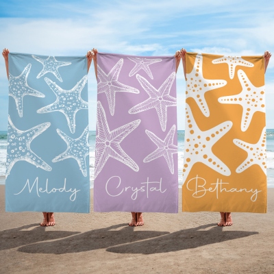 Personalized Name Starfish Beach Towel, Multicolor Quick Dry Microfiber Pool Towel, Summer Vacation/Beach Party Favor, Gift for Women/Girls/Friends
