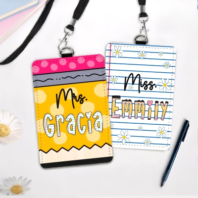 Personalized Name Teacher Leather ID Badge Holder with Lanyard, Pencil/Notebook Design Card Holder, Appreciation/Back to School Gift for Teachers