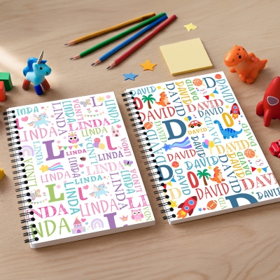 Cuaderno personalizado con nombre e inicial, diseño de unicornio o dinosaurio, espiral A5, ideal como regalo de cumpleaños o regreso a clases para niños y estudiantes.