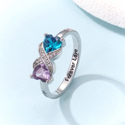 Personalized Engraved Infinity Ring with Two Heart Birthstones, Dainty Women's Promise Ring, Valentine's Day/Anniversary Gift for Her/Wife/Bestie