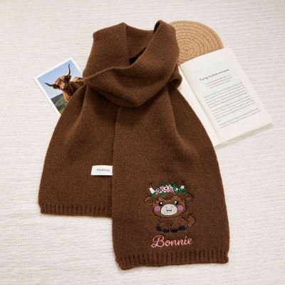 Personalized Embroidered Highland Cow Woven Scarf with Name, Multicolor Unisex Scarf Warm and Soft, Birthday/Christmas Gift for Highland Cow Lovers