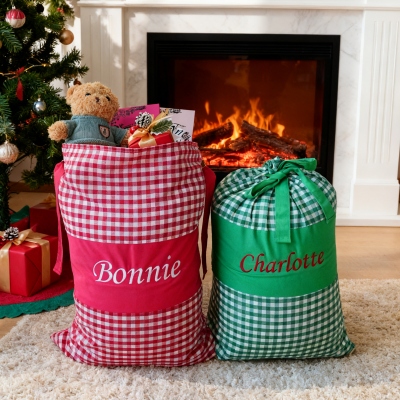 Custom Name Embroidered Christmas Plaid Gift Bag, 20*28"(50*70CM) Large Capacity Cotton Christmas Sack with Drawstring, Christmas Gift for Kids/Family