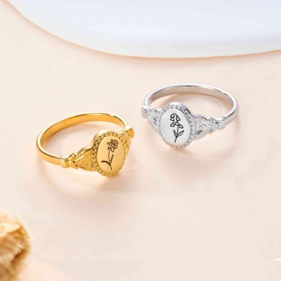 Personalized Engraved Birth Flower Signet Ring, Sterling Silver 925 Women's Jewelry, Birthday/Mother's Day/Anniversary Gift for Her/Mom/Wife/Grandma