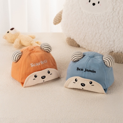 Personalized Name Embroidered Striped Ears Bear Baby Hat, Soft Adjustable Hat for 3-18 Months, Baby Shower/Birthday Gift for Newborns/Infants/Toddlers