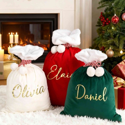 Personalized Name Velvet Santa Sack with Pom Pom, Large Capacity Christmas Gift Bag, Holiday Party Favor, Christmas Gift for Kids/Family/Friends