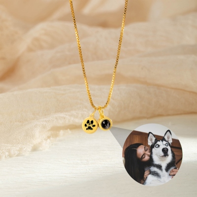 Personalized Photo Projection Necklace with Paw Print Engraving, Sterling Silver 925 Pet Memorial Jewelry, Sympathy Gift for Pet Owners/Lovers