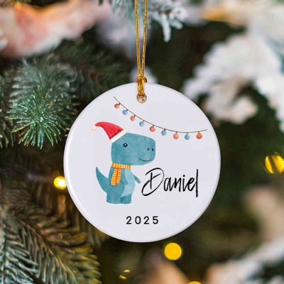 Personalized Cartoon Dinosaur Christmas Ornament with Name, Ceramic Christmas Tree Hanging Decor, Christmas Gift for Kids/Dinosaur Lovers