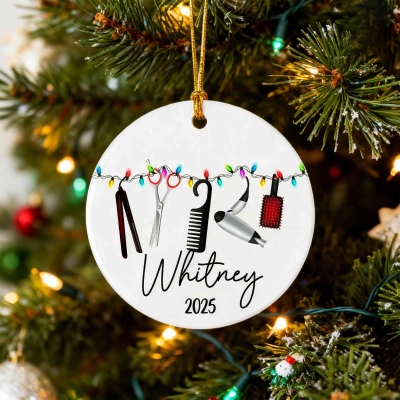 Personalized Name Hairdressing Tools Christmas Ornament, Ceramic Holiday Tree Hanging Decor, Christmas Gift for Hairstylists/Barbers