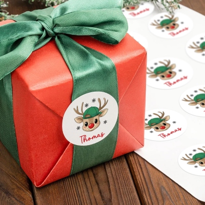 Personalized Name Christmas Reindeer Stickers, Self-Adhesive Round Holiday Gift Labels, Wrap Tags, Envelope Seals, Christmas Gifts for Kids/Family