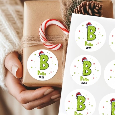 Personalized Name Christmas Green Polka Dot Alphabet Stickers, Round Holiday Gift Labels, Gift Wrap Tags, Christmas Gifts for Kids/Family/Friends