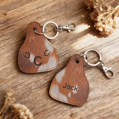 Personalized Name & Initial Western Cowboy Brown Fur Texture Print Keychain, Cattle Tag, Bag Accessory, Birthday/Christmas Gift for Farmers/Cow Lovers
