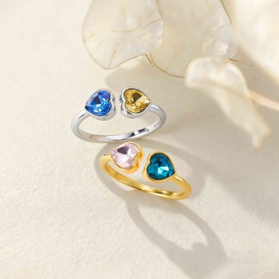 Personalized Double Hearts Ring with Birthstones, Sterling Silver 925 Dainty Ring, Birthday/Valentine's Day/Anniversary Gift for Her/Wife/Bestie
