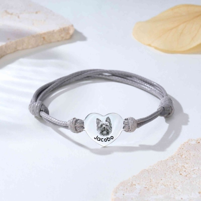 Personalized Name Pet Portrait Bracelet, Leather Dog/Cat Loss Bracelet, Pet Memorial Jewelry, Birthday/Sympathy Gift for Pet Owners/Lovers