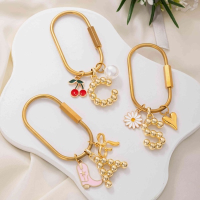 Custom Gold Bubble Initial Bag Charm Keychain with Cherry Pearl/Boot Bow/Daisy Heart, Bridal Party Favor, Gift for Bridesmaids/Besties/Women