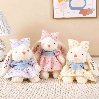 Personalized Bow Bunny Doll Toy with Glitter Name, Soft Plush Rabbit Stuffed Animal, Nursery Decor, Baby Shower/Easter/Birthday Gift for Newborns/Kids
