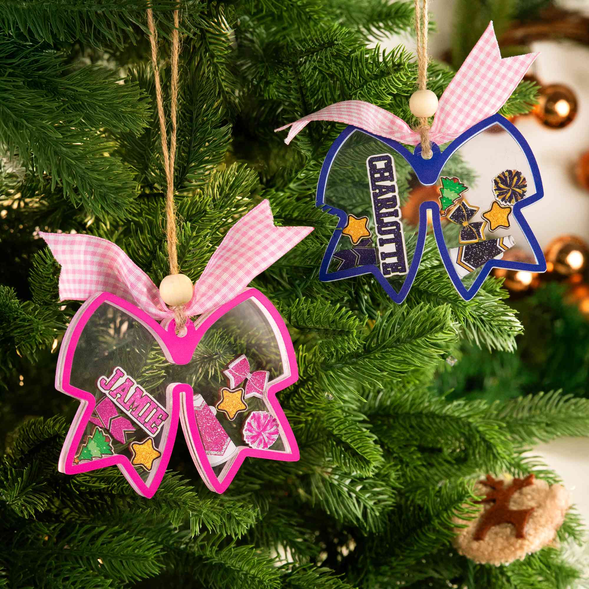 Personalized 3D Cheerleading Bow Tie Pom Pom Christmas Shaker