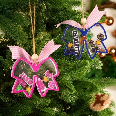 Personalized 3D Cheerleading Bow Tie Pom Pom Christmas Shaker Ornament with Name, Holiday Tree Hanging Decor, Christmas Gift for Cheerleaders