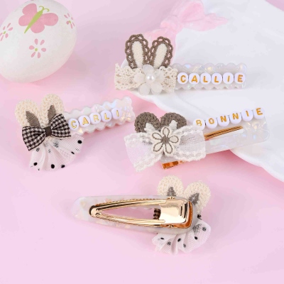 Custom Name Beaded Bunny Ears Bow Hair Clips(Set of 2), Little Girl Rabbit White Shell Glossy Hairpins, Birthday/Children's Day/Easter Gifts for Girls